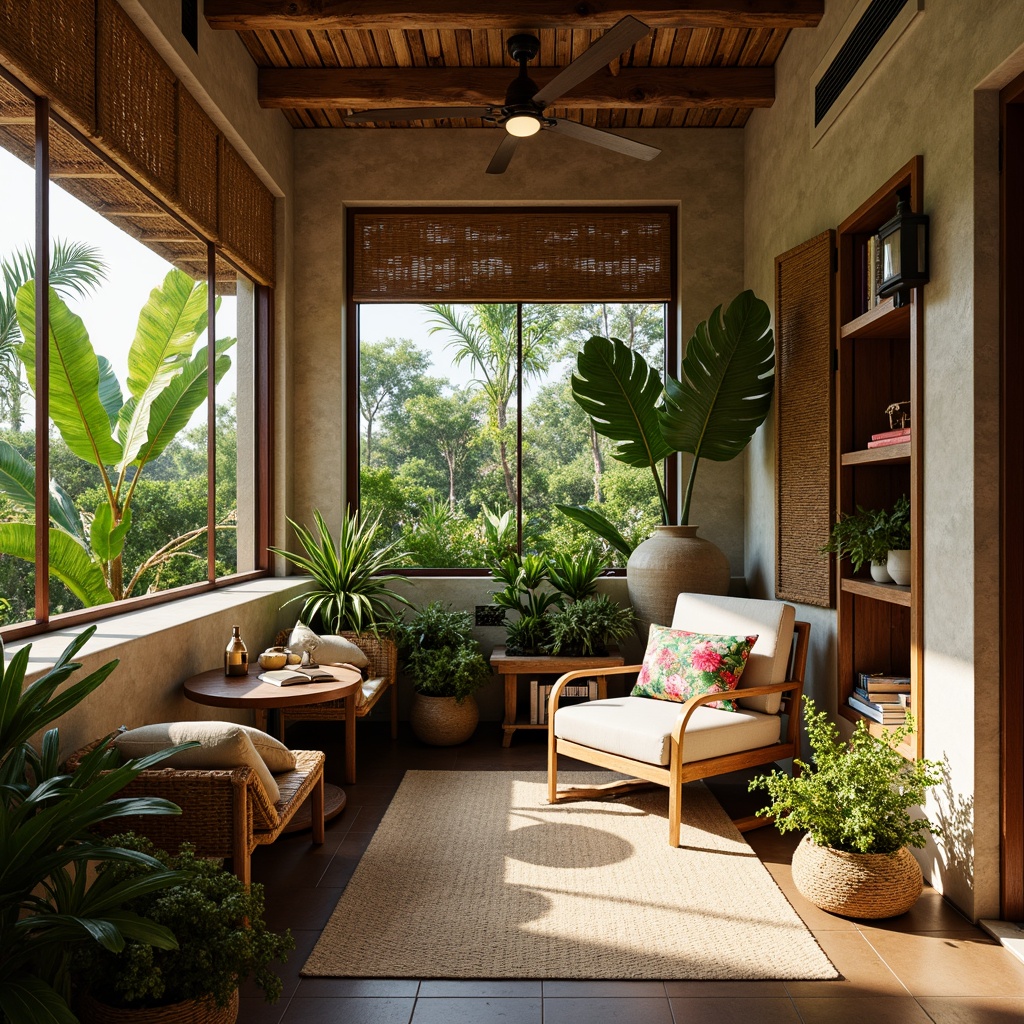 Prompt: Tropical home office, natural stone walls, woven rattan panels, reclaimed wood accents, vibrant greenery, exotic palm trees, colorful floral patterns, warm beige tones, soft ambient lighting, shallow depth of field, 1/1 composition, realistic textures, ambient occlusion, cozy reading nook, comfortable wicker furniture, plush tropical-print throw pillows, eclectic decorative accessories, woven baskets, natural fiber rugs, earthy scent, relaxed atmosphere.