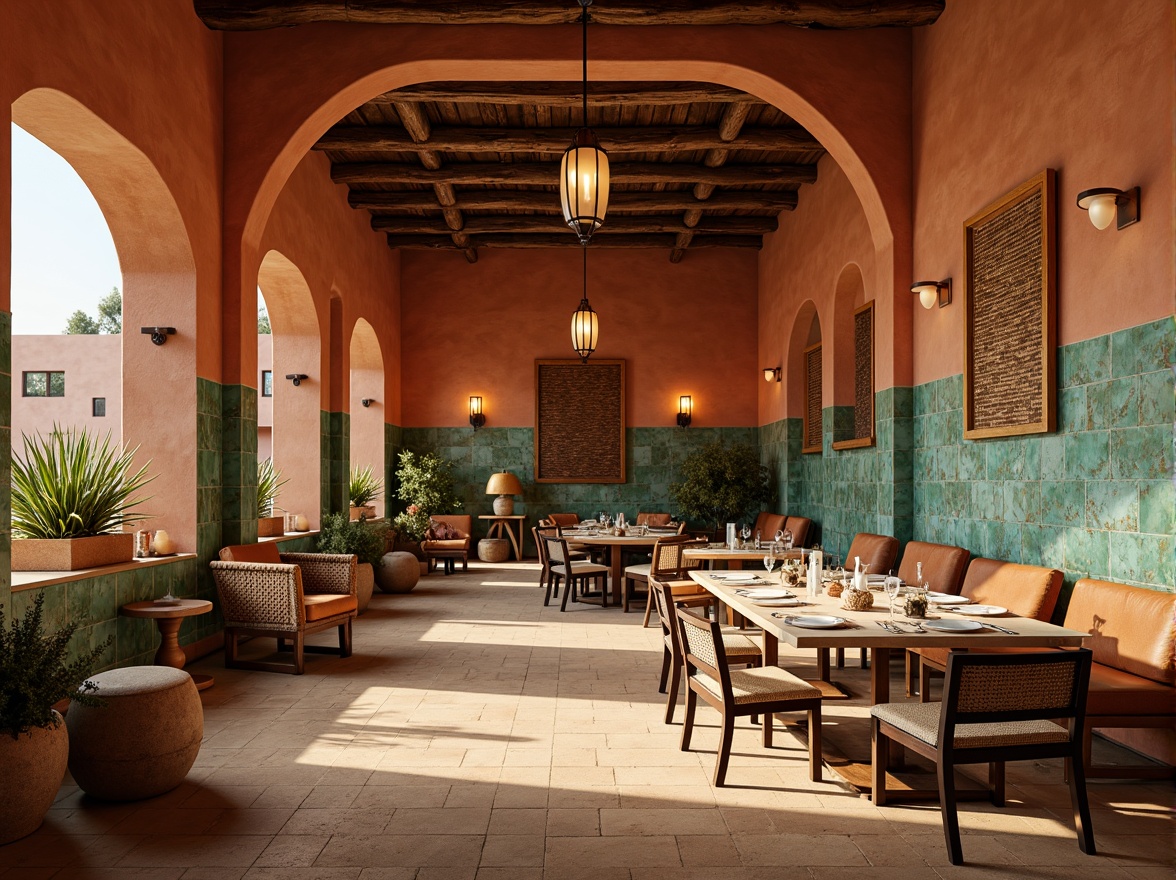 Prompt: Earthy Southwestern dining hall, warm terracotta walls, rustic wooden accents, vibrant turquoise decorative tiles, sandy beige floors, natural woven textiles, rich brown leather upholstery, distressed metal lanterns, desert-inspired botanical patterns, warm golden lighting, shallow depth of field, 1/2 composition, realistic textures, ambient occlusion.