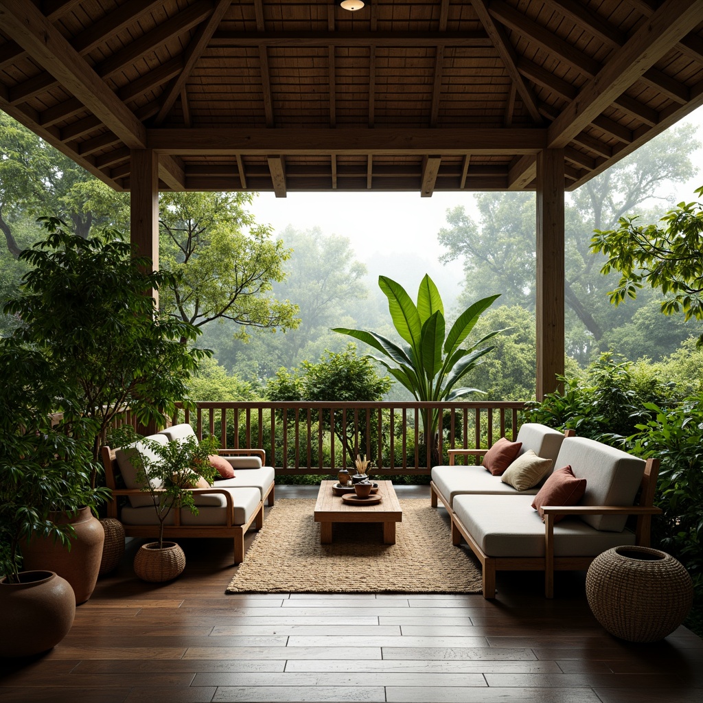 Prompt: Pavilion-style interior, lush greenery, exotic plants, delicate bonsai trees, natural wood accents, earthy terracotta pots, woven bamboo furniture, soft warm lighting, subtle shadows, 1/2 composition, intimate atmosphere, realistic plant textures, ambient occlusion, misty morning ambiance, serene Asian-inspired decor.