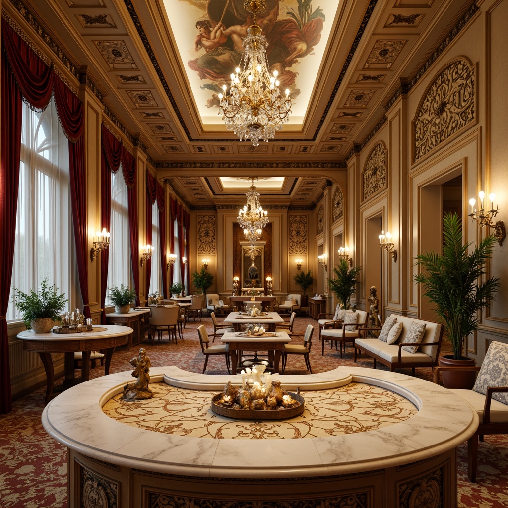 Prompt: Ornate Renaissance-style mansion, richly veined marble countertops, golden inlays, elegant curves, ornamental carvings, luxurious velvet drapes, crystal chandeliers, intricate frescoes, lavish furnishings, warm beige walls, polished bronze hardware, regal ambiance, soft warm lighting, shallow depth of field, 3/4 composition, realistic textures, ambient occlusion.