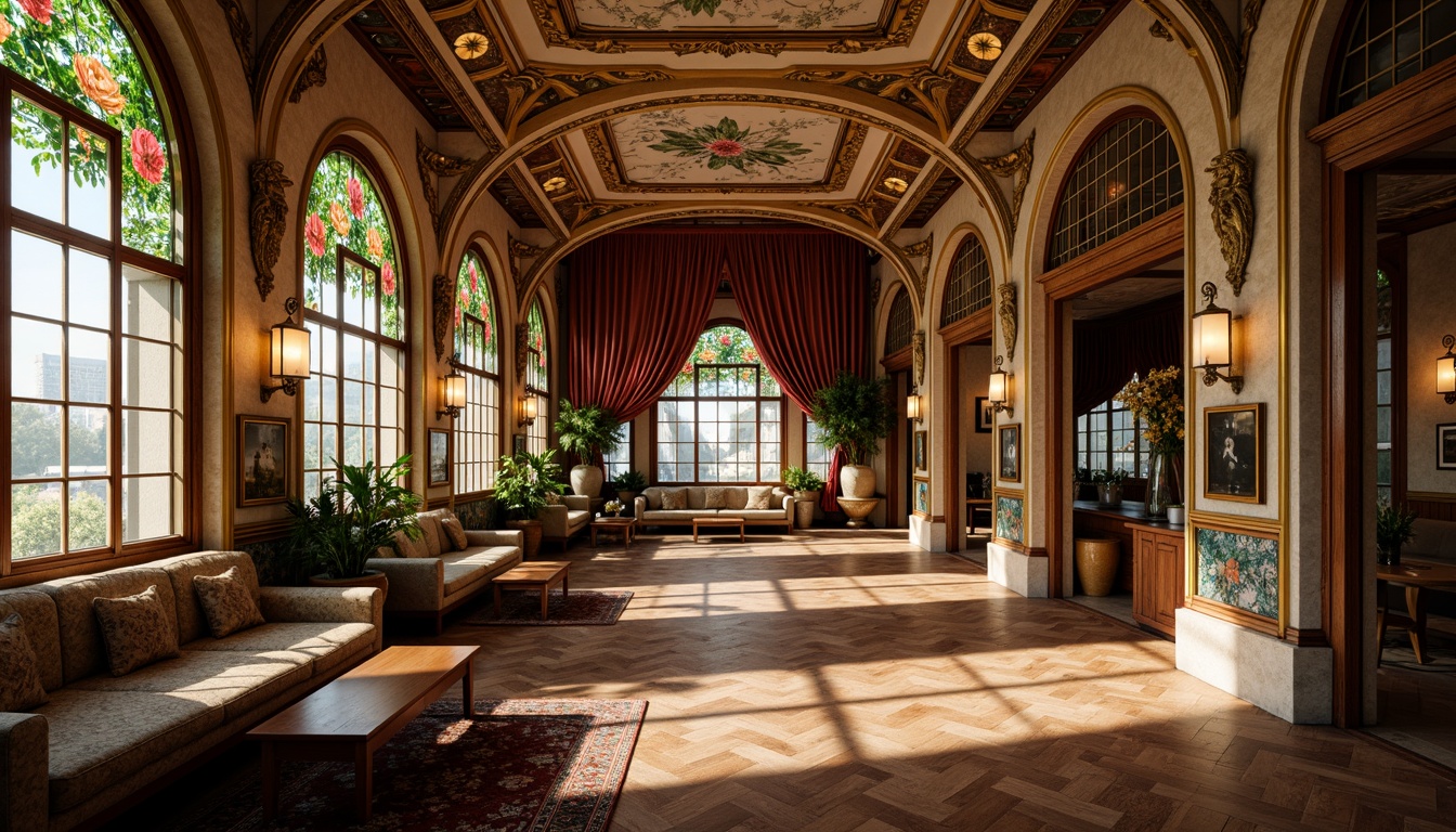 Prompt: Elegant Art Nouveau interior, ornate plasterwork, flowing organic lines, sinuous curves, botanical motifs, stained glass windows, intricate mosaics, luxurious fabrics, velvet drapes, carved wooden panels, gilded accents, soft warm lighting, shallow depth of field, 1/1 composition, realistic textures, ambient occlusion.