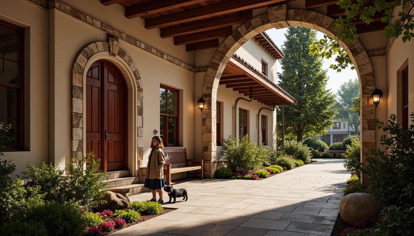 Prompt: Warm beige walls, rich wood accents, earthy brown tones, vibrant crimson red, deep navy blue, classic ivory white, ornate stone carvings, traditional collegiate architecture, Gothic-inspired archways, rustic brick fa\u00e7ades, lush greenery, natural stone pathways, vintage lanterns, soft warm lighting, shallow depth of field, 3/4 composition, realistic textures, ambient occlusion.