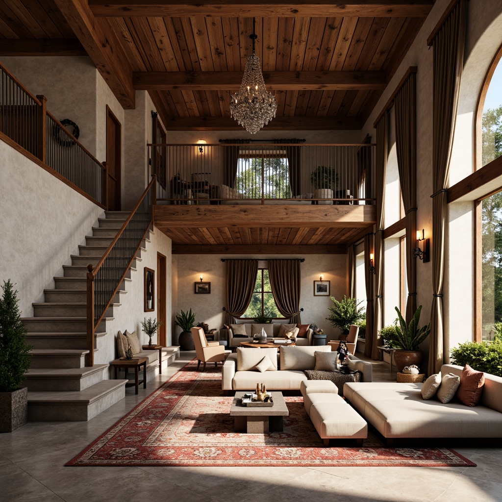 Prompt: Luxurious villa, rustic wooden accents, natural stone walls, elegant marble floors, sophisticated metal railings, lavish velvet drapes, plush area rugs, rich leather upholstery, reclaimed wood ceilings, ornate crystal chandeliers, soft warm lighting, shallow depth of field, 1/1 composition, realistic textures, ambient occlusion.