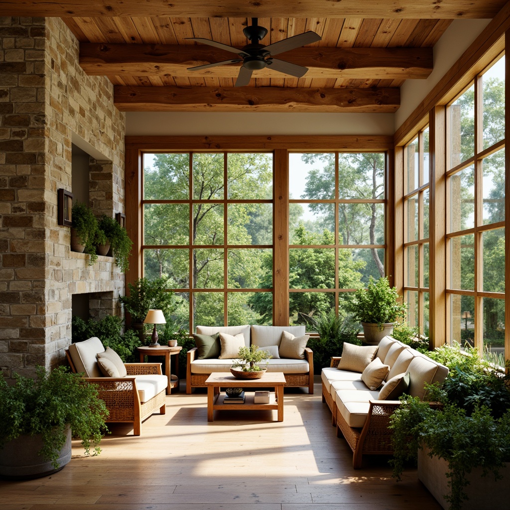 Prompt: Warm and inviting sunroom, craftsman style, earthy tones, wooden accents, exposed beams, natural stone walls, cozy nooks, plush furnishings, rich wood textures, warm beige colors, soft sage greens, creamy whites, distressed finishes, vintage decor, lush greenery, overflowing planters, sunny day, soft warm lighting, shallow depth of field, 3/4 composition, realistic textures, ambient occlusion.