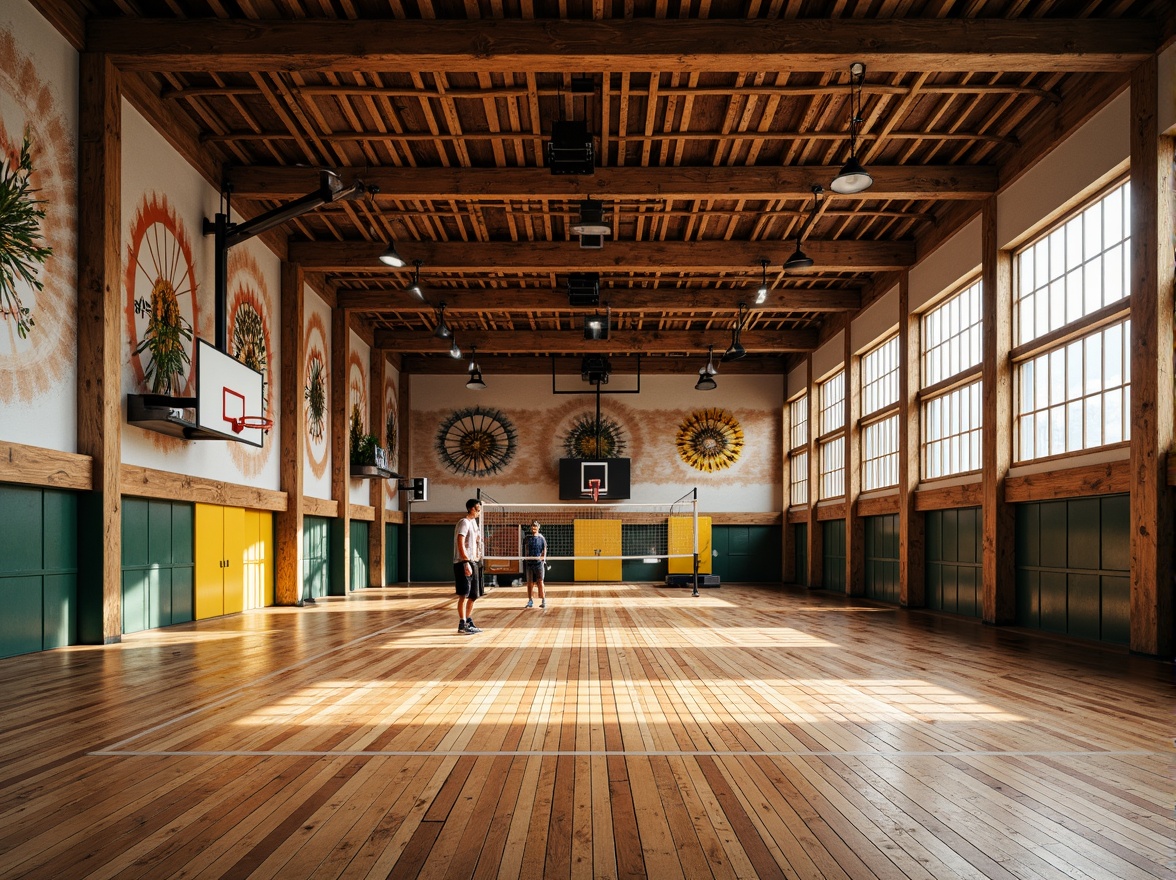 Prompt: \Rustic gymnasium, wooden flooring, reclaimed hardwood planks, warm earthy tones, natural textures, exposed beams, industrial-style lighting, vintage athletic equipment, distressed finishes, bold color accents, geometric patterns, eclectic decorative elements, athletic markings, basketball courts, volleyball nets, sports-themed murals, nostalgic ambiance, soft warm lighting, shallow depth of field, 1/1 composition, realistic textures, ambient occlusion.\