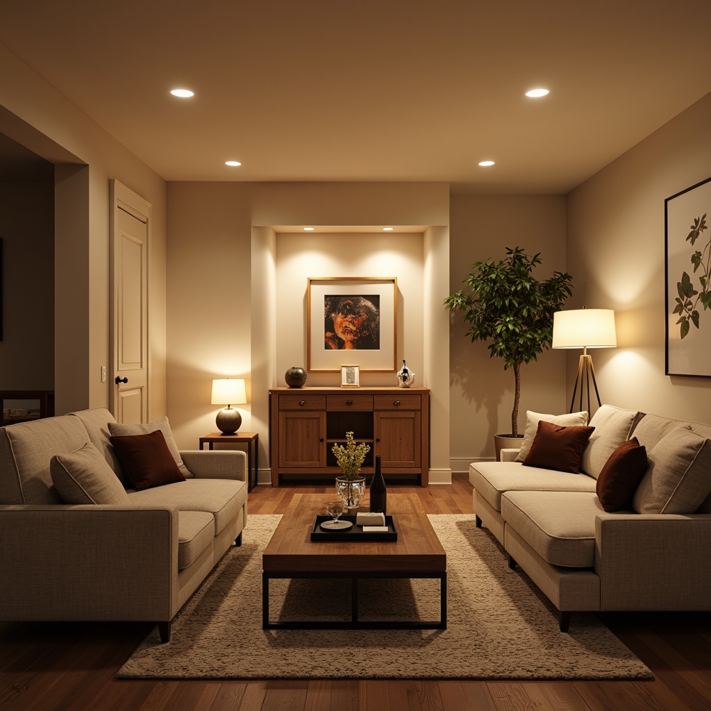 Prompt: Cozy living room, warm beige walls, comfortable sofas, modern minimalist coffee table, soft cushions, ambient floor lamps, warm white lighting, pendant lights, metal shades, dimmable switches, recessed lighting, textured carpets, rich wood flooring, calm atmosphere, subtle color palette, natural materials, elegant simplicity, warm inviting glow, 1/1 composition, shallow depth of field, realistic textures.