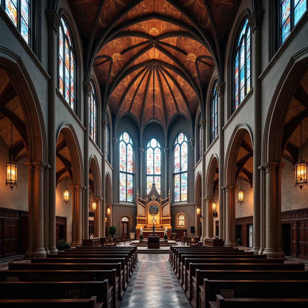 Prompt: Intricate Gothic arches, grandiose vaulted ceilings, stained glass windows, ornate pews, mystical frescoes, lavish altarpieces, dramatic lighting, intense color palette, bold geometric patterns, symbolic sculptures, sacred relics, atmospheric fog, misty ambiance, low-key lighting, cinematic composition, 1/2 camera angle, warm soft focus, expressionist brushstrokes, emotive textures, divine spiritual atmosphere.