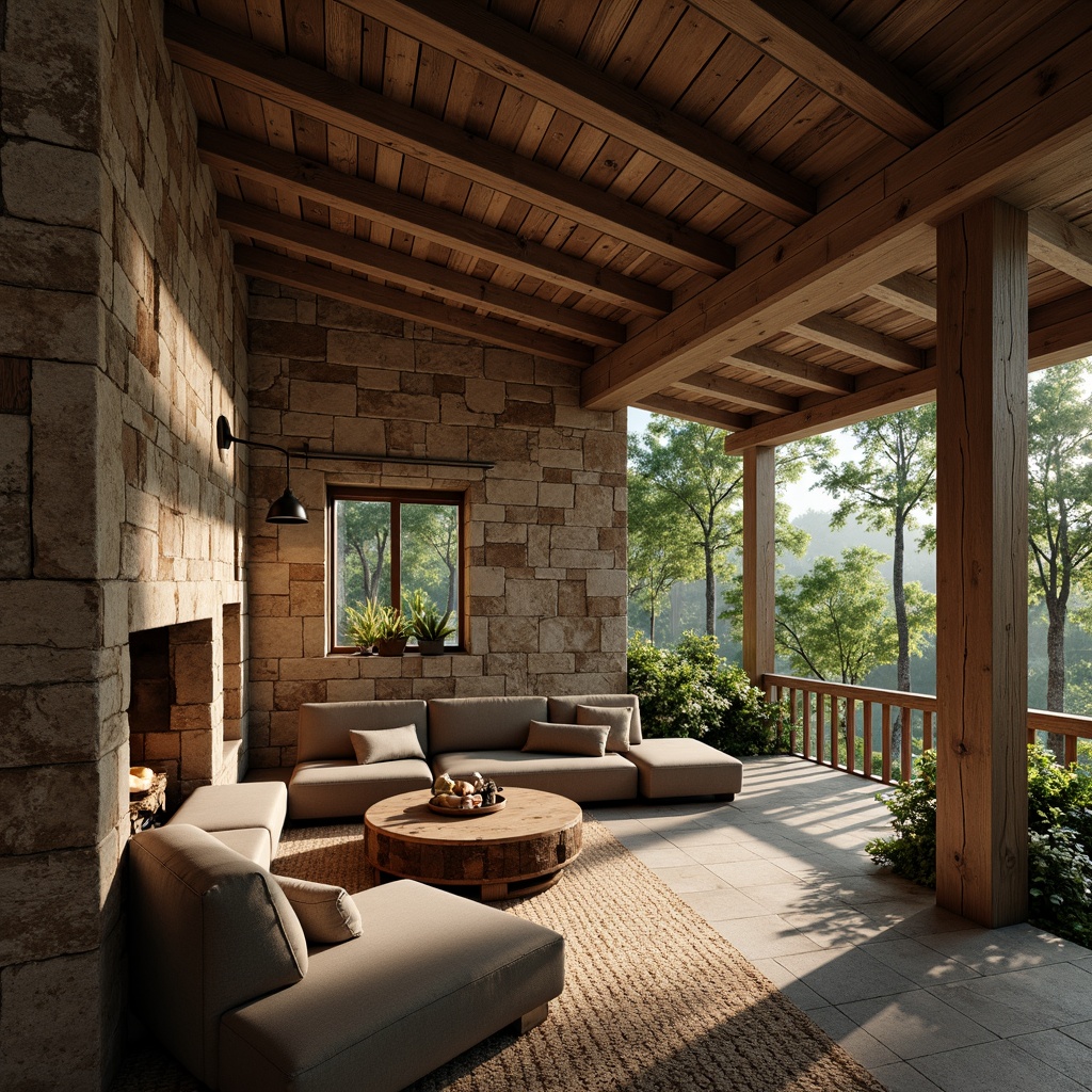 Prompt: Rustic villa, natural stone walls, textured rough-hewn stonework, earthy tones, wooden accents, distressed wood beams, cozy fireplace, plush furnishings, warm ambient lighting, soft focus, shallow depth of field, 1/2 composition, inviting atmosphere, serene forest surroundings, lush greenery, misty morning, warm sunlight filtering through trees.