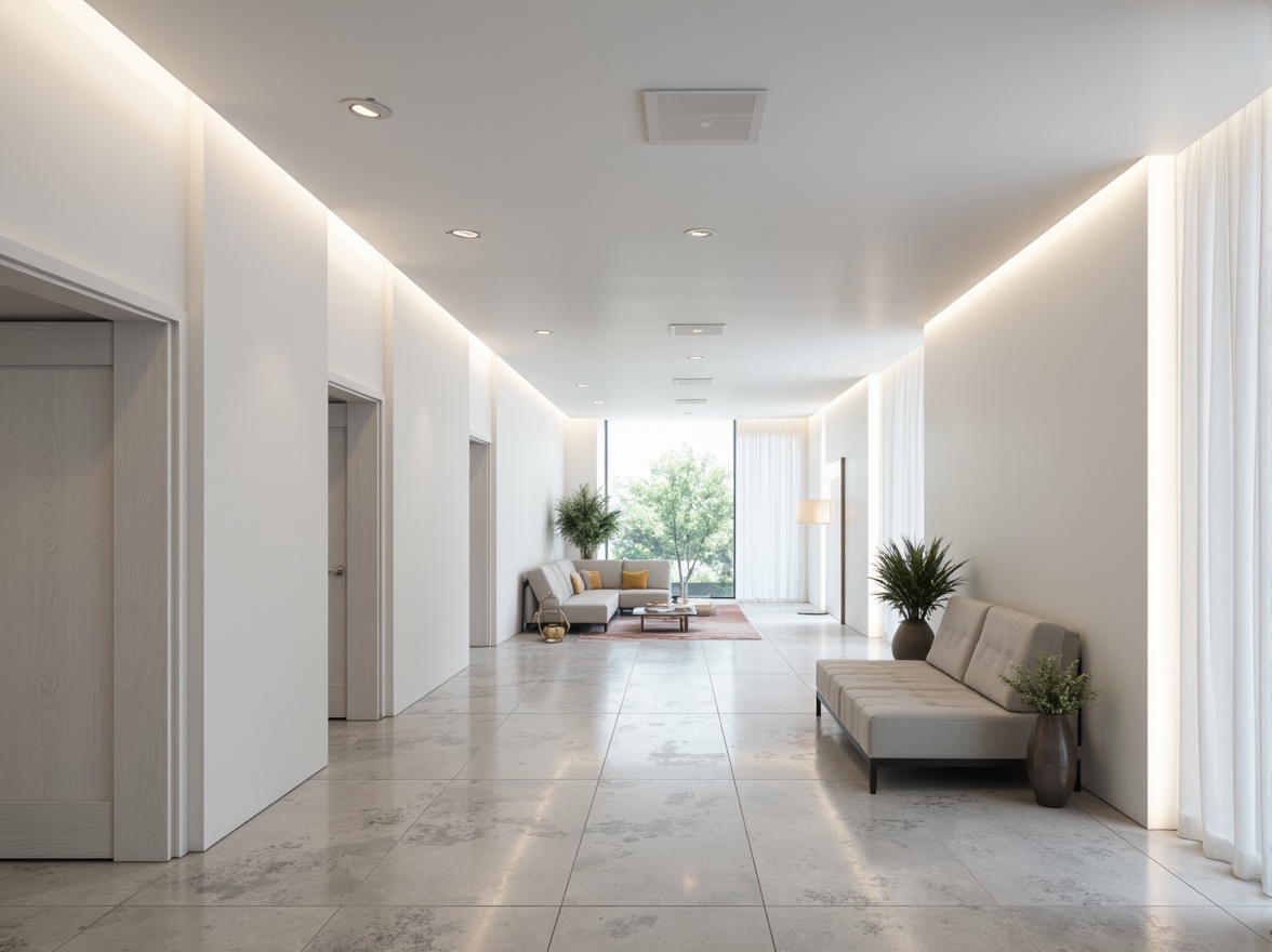 Prompt: Sleek hallway, minimalist decor, monochromatic color scheme, polished concrete floors, plain white walls, modern LED lighting, low-profile furniture, geometric patterns, simple textures, calm ambiance, natural light pouring, shallow depth of field, 1/1 composition, panoramic view, realistic renderings, ambient occlusion.