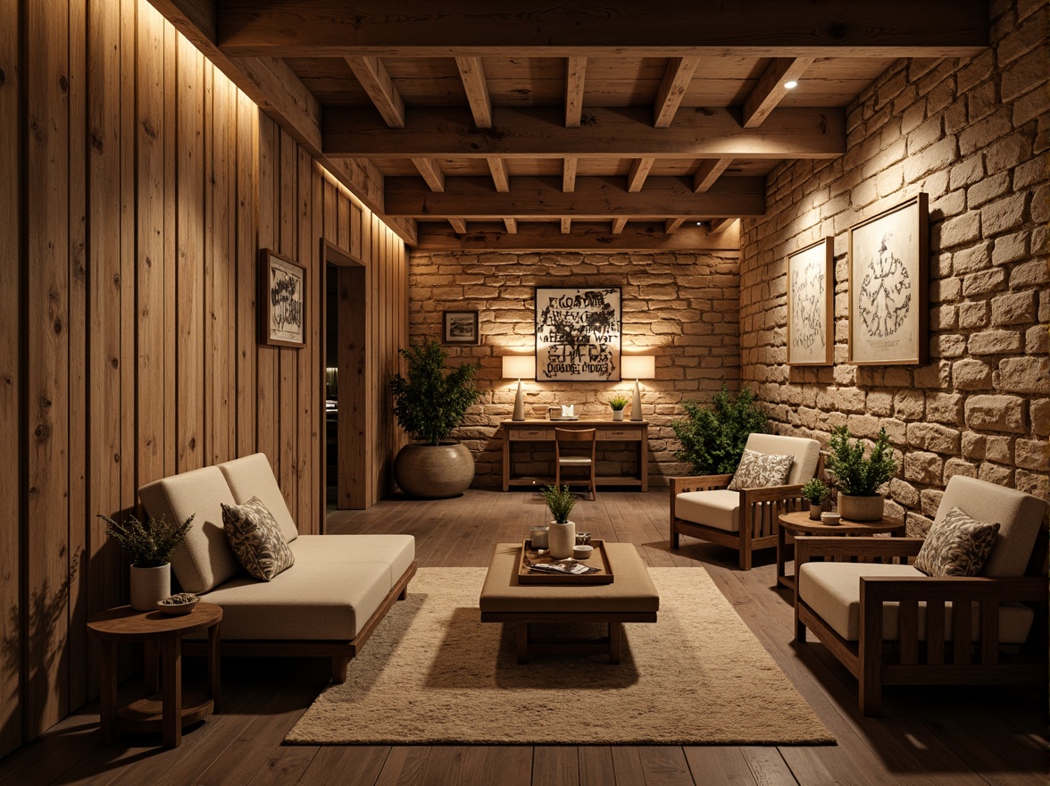 Prompt: Rustic basement walls, distressed wood planks, exposed brick surfaces, rough-hewn stone textures, earthy color palette, warm ambient lighting, natural material accents, vintage metal signs, reclaimed wood furniture, cozy throw blankets, comfortable seating areas, soft candlelight, warm beige tones, organic shapes, earthy scents, 1/1 composition, intimate atmosphere, soft focus, realistic rendering.