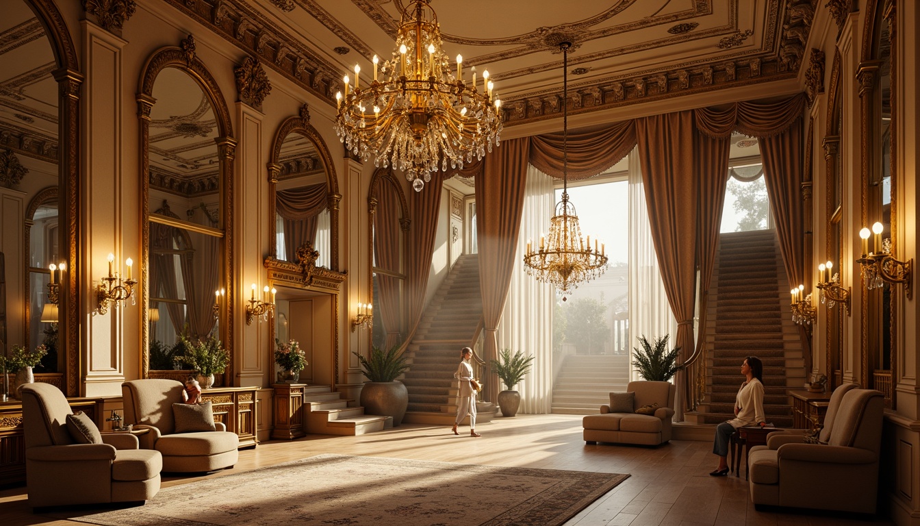 Prompt: Elegant Rococo palace, ornate golden chandeliers, crystal droplets, soft warm candlelight, lavish furnishings, intricate carvings, velvet drapes, luxurious fabrics, grand staircases, opulent mirrors, sparkling crystals, delicate filigree, romantic ambiance, warm beige tones, subtle shading, 1/1 composition, dramatic highlights, realistic reflections.