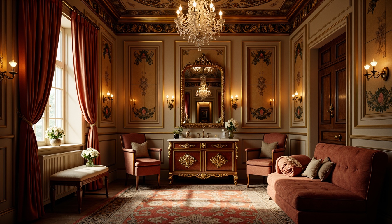 Prompt: Ornate powder room, lavish furnishings, velvety soft drapery, gilded mirrors, crystal chandeliers, candelabras, warm golden lighting, subtle shadows, dramatic spotlights, intricate frescoes, ornamental plasterwork, richly patterned rugs, luxurious fabrics, intimate ambiance, romantic atmosphere, soft focus, 1/2 composition, warm color palette, realistic textures, ambient occlusion.