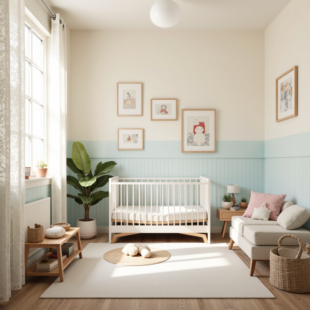 Prompt: Soft pastel nursery, gentle cream walls, pale blue accents, warm beige furniture, plush toys, white crib, delicate lace curtains, natural wood flooring, soothing ambiance, calm atmosphere, softbox lighting, shallow depth of field, 1/1 composition, whimsical illustrations, subtle textures, creamy whites, powder pinks, baby blues, muted yellows.