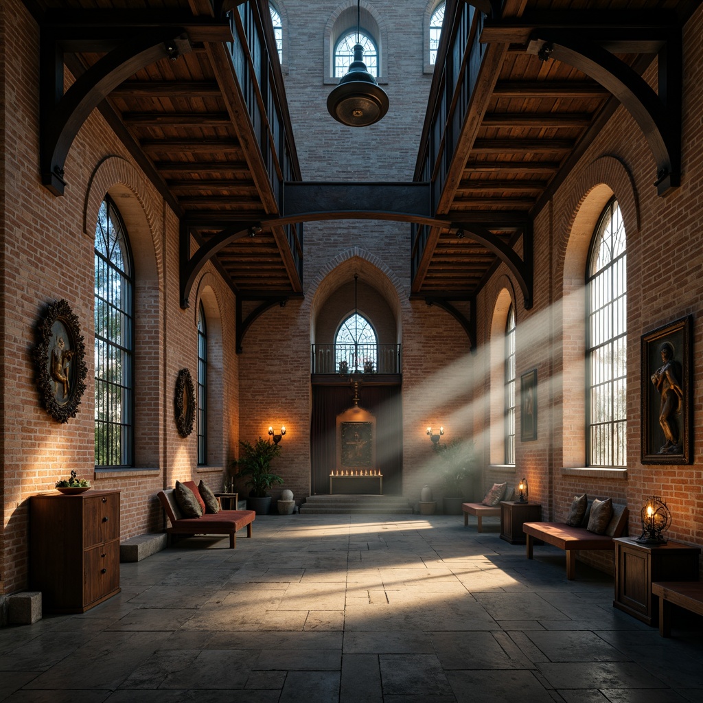 Prompt: Rustic monastery interior, exposed wooden beams, industrial chic aesthetic, distressed brick walls, metal accents, reclaimed wood furniture, dim warm lighting, spiritual ambiance, ornate stone carvings, stained glass windows, vaulted ceilings, grand archways, worn stone floors, mysterious shadows, cinematic composition, atmospheric fog effect, realistic textures, subtle color grading.