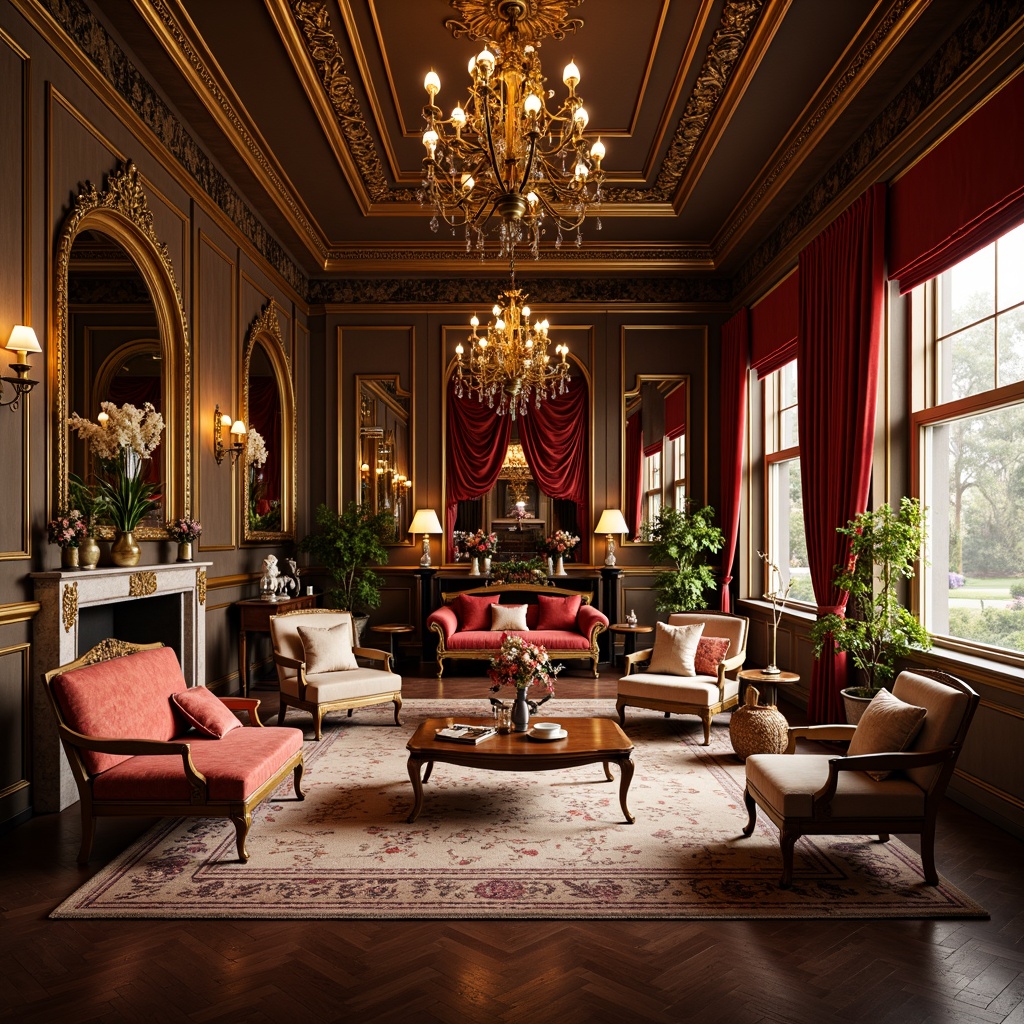 Prompt: Richly upholstered furniture, ornate carvings, velvet drapes, intricate moldings, marble accents, luxurious fabrics, regal colors, gilded frames, crystal chandeliers, majestic columns, refined wood tones, sophisticated patterns, neoclassical arches, grandiose ceilings, lavish decorations, opulent accessories, stately atmosphere, warm golden lighting, shallow depth of field, 2/3 composition, cinematic view, realistic textures, ambient occlusion.