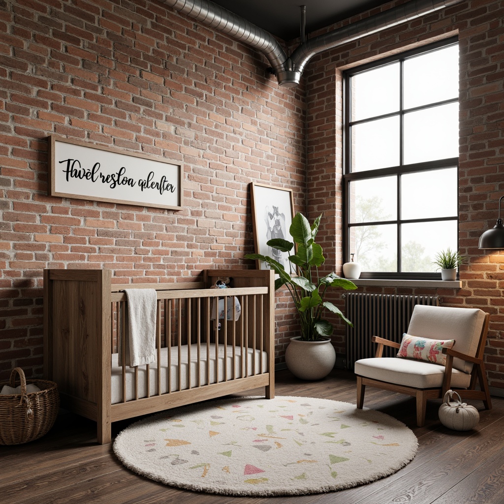 Prompt: Industrial baby room, distressed wooden cribs, metal accents, exposed brick walls, urban loft atmosphere, vintage factory windows, reclaimed wood flooring, soft pastel textiles, gentle geometric patterns, plush area rugs, cozy throw blankets, warm industrial lighting, 1/1 composition, shallow depth of field, realistic textures, ambient occlusion.