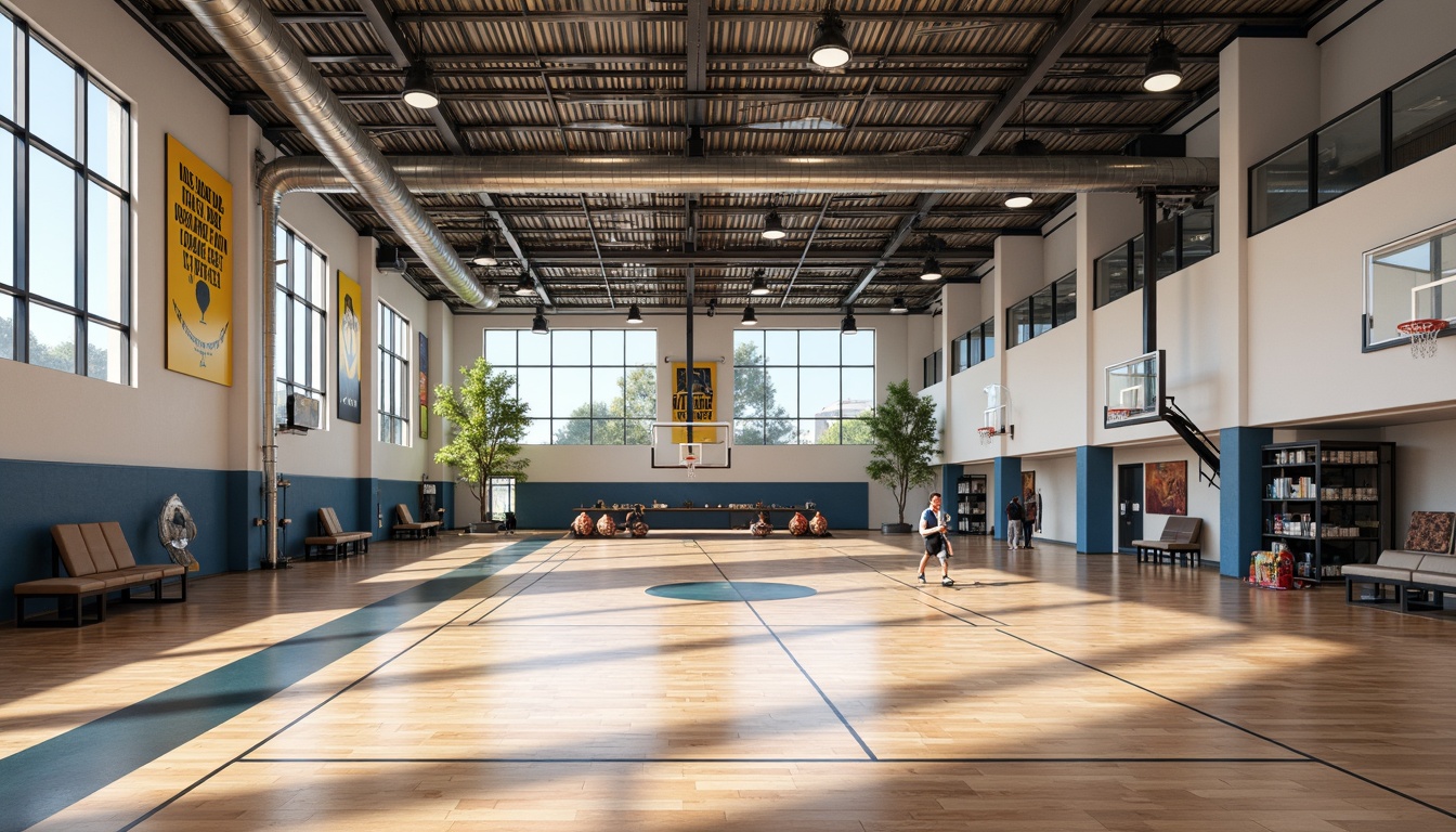 Prompt: Modern gymnasium interior, polished wood flooring, basketball court markings, sports equipment storage racks, floor-to-ceiling windows, natural light illumination, exposed ductwork ceilings, metallic beams, minimalist seating areas, motivational quotes wall art, athletic department logos, trophy display cases, dynamic color schemes, high-contrast lighting, shallow depth of field, 1/2 composition, realistic textures, ambient occlusion.