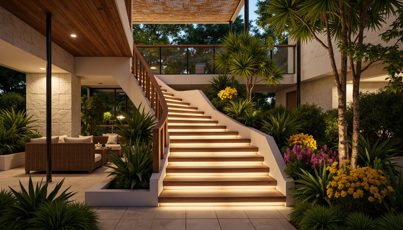 Prompt: Tropical staircase, warm wooden handrails, lush greenery, exotic flower arrangements, natural stone walls, curved lines, open risers, LED strip lighting, soft warm glow, ambient illumination, subtle color temperatures, recessed ceiling lights, pendant lamps, woven bamboo shades, rattan furniture, tropical hardwood treads, glass balustrades, modern minimalist design, bright airy atmosphere, 1/2 composition, shallow depth of field, realistic textures.