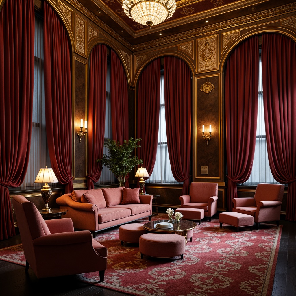 Prompt: Luxurious velvet drapes, ornate gilded frames, crystal chandeliers, lavish furnishings, curved lines, shell-shaped accents, intricate carvings, rich jewel tones, plush sofas, tufted ottomans, marble coffee tables, metallic leaf patterns, dimly lit atmosphere, warm golden lighting, soft focus, shallow depth of field, 2/3 composition, cinematic view, high-contrast rendering, detailed textures, ambient occlusion.