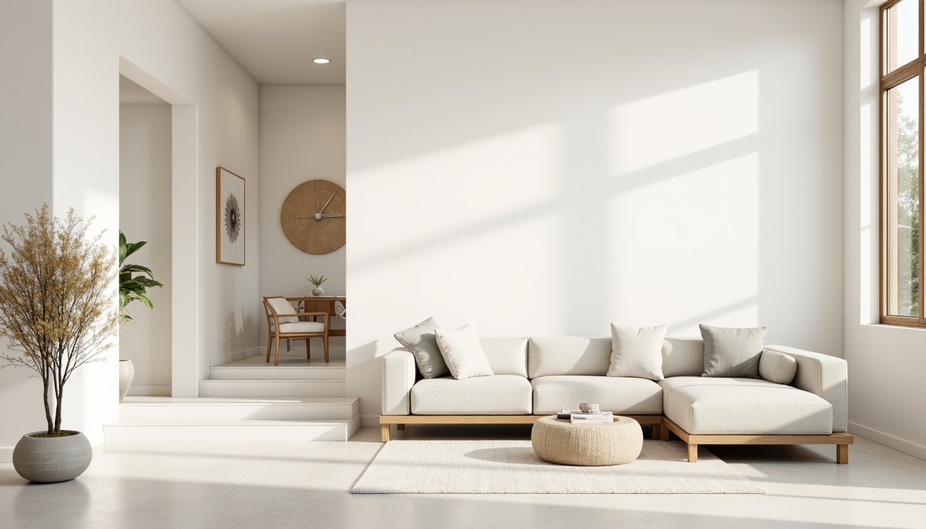 Prompt: Monochromatic interior space, soft creamy whites, pale grays, subtle beiges, natural textiles, sleek modern furniture, minimal ornamentation, ample negative space, clean lines, simple shapes, diffused soft lighting, 1/1 composition, shallow depth of field, realistic renderings, ambient occlusion.