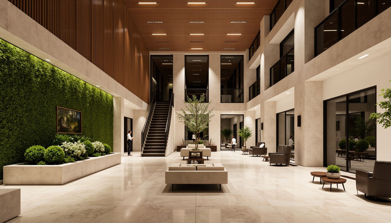 Prompt: Luxurious hotel lobby, polished marble floors, sleek wooden accents, metallic inlays, ambient lighting, modern minimalist design, spacious open areas, comfortable seating zones, vibrant green walls, natural stone features, high-end furniture pieces, sophisticated color schemes, warm inviting atmosphere, subtle texture variations, 1/1 composition, soft focus blur, realistic reflections.