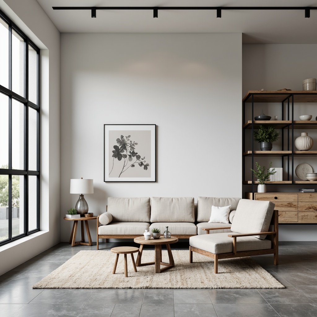 Prompt: Monochromatic interior, sleek low-profile furniture, minimalist decor, sparse accessories, industrial materials, reclaimed wood accents, matte black metal frames, soft pastel hues, natural textiles, ambient lighting, subtle shadows, 1/1 composition, shallow depth of field, realistic reflections, clean lines, geometric shapes, Scandinavian-inspired design, functional simplicity.