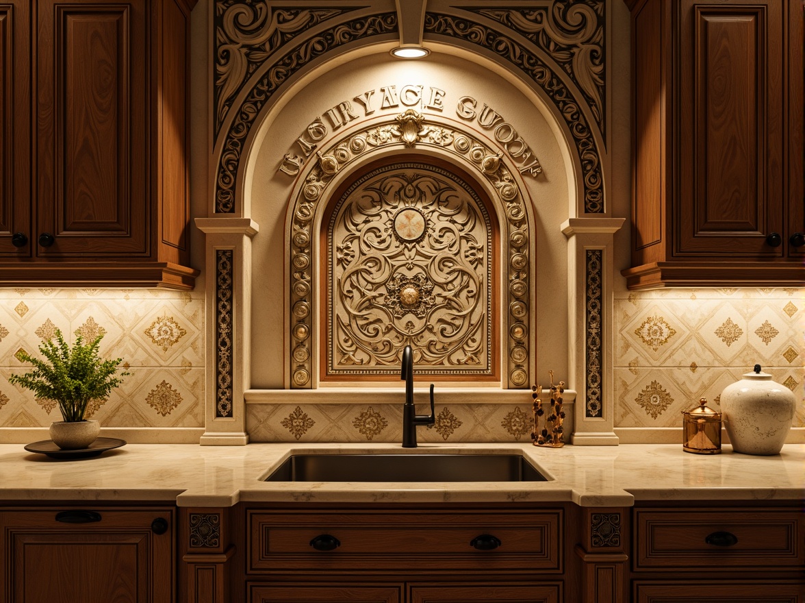 Prompt: Ornate kitchen backsplash, Renaissance-inspired design, intricate stone carvings, warm golden lighting, rich wooden cabinetry, elegant marble countertops, ornamental metal fixtures, classic archways, refined ceramic tiles, luxurious glass mosaics, subtle texture variations, soft warm color palette, 3/4 composition, shallow depth of field, realistic reflections, ambient occlusion.