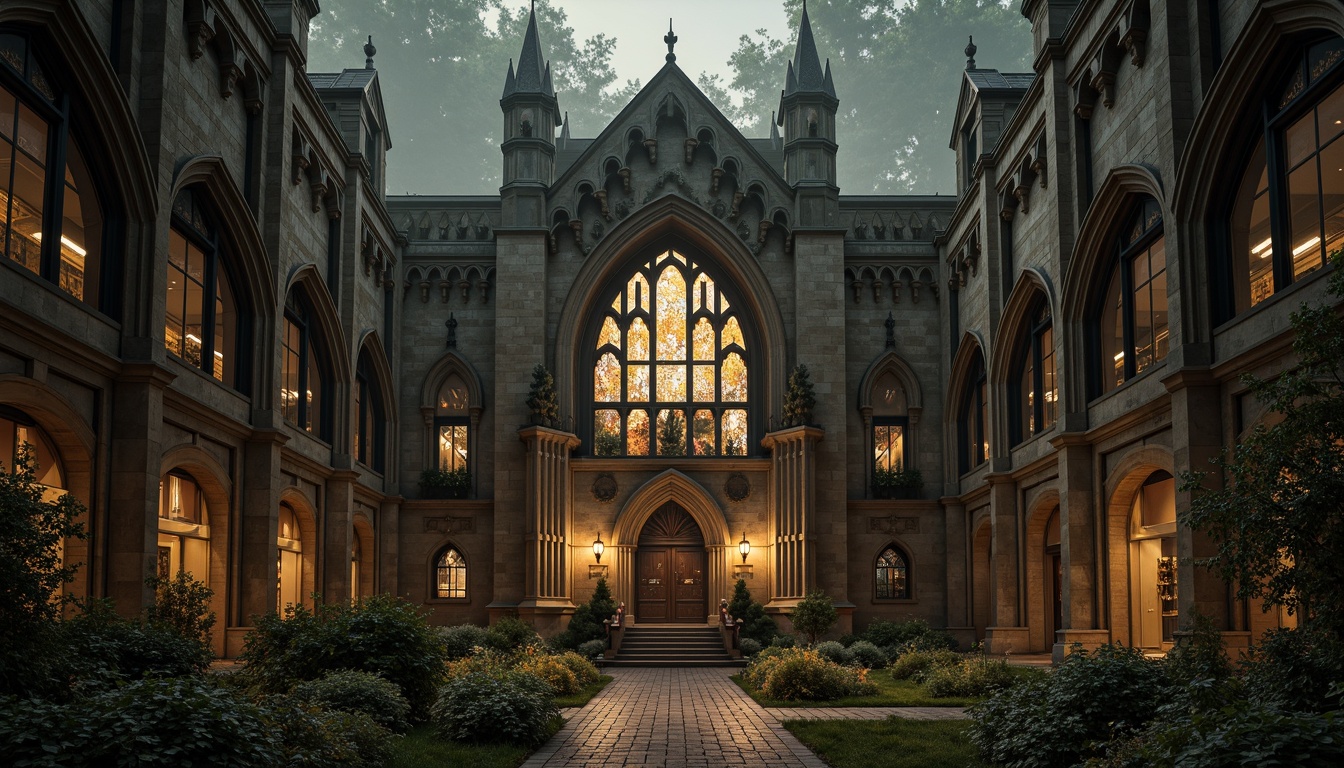 Prompt: Grandiose entrance, pointed arches, ribbed vaults, flying buttresses, stained glass windows, intricate stone carvings, ornate metalwork, dramatic lighting effects, mystical ambiance, ancient European-inspired architecture, weathered stone walls, moss-covered pathways, overgrown vegetation, misty atmosphere, low-angle shot, symmetrical composition, warm color palette, high contrast ratio.