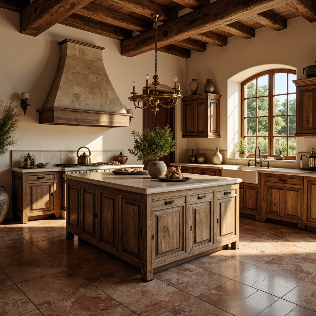 Prompt: Rustic kitchen island, distressed wooden cabinets, ornate metal hardware, vintage-inspired lighting fixtures, earthy terracotta flooring, natural stone countertops, warm beige walls, rich wood tones, classical architectural details, soft golden lighting, shallow depth of field, 1/1 composition, realistic textures, ambient occlusion, elegant ceramic vases, fresh greenery, subtle Mediterranean patterns.