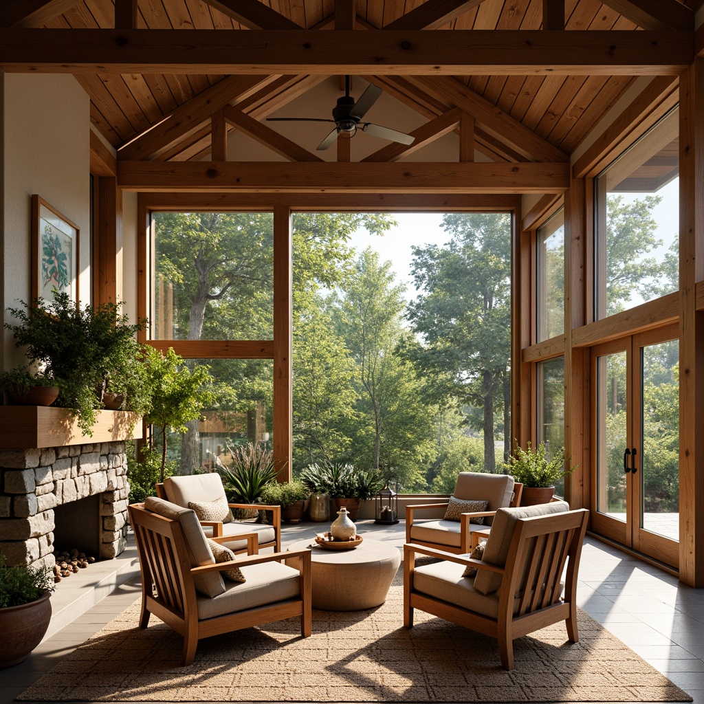 Prompt: Warm and inviting sunroom, natural light pouring in, craftsman style wooden beams, large windows, sliding glass doors, cozy reading nook, plush armchairs, earthy color palette, stone fireplace, woven textiles, potted plants, botanical prints, rustic metal lanterns, reclaimed wood accents, soft warm lighting, shallow depth of field, 3/4 composition, panoramic view, realistic textures, ambient occlusion.