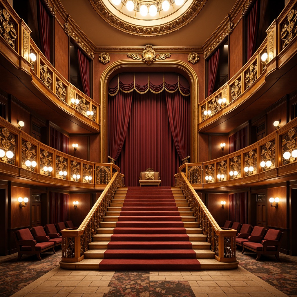 Prompt: Elegant opera house, grand staircase, ornate balconies, velvet curtains, rich wood tones, polished marble floors, intricate moldings, gilded details, luxurious textiles, academic architectural style, neoclassical influences, symmetrical composition, dramatic spotlights, warm golden lighting, shallow depth of field, 2/3 composition, panoramic view, realistic reflections, ambient occlusion.