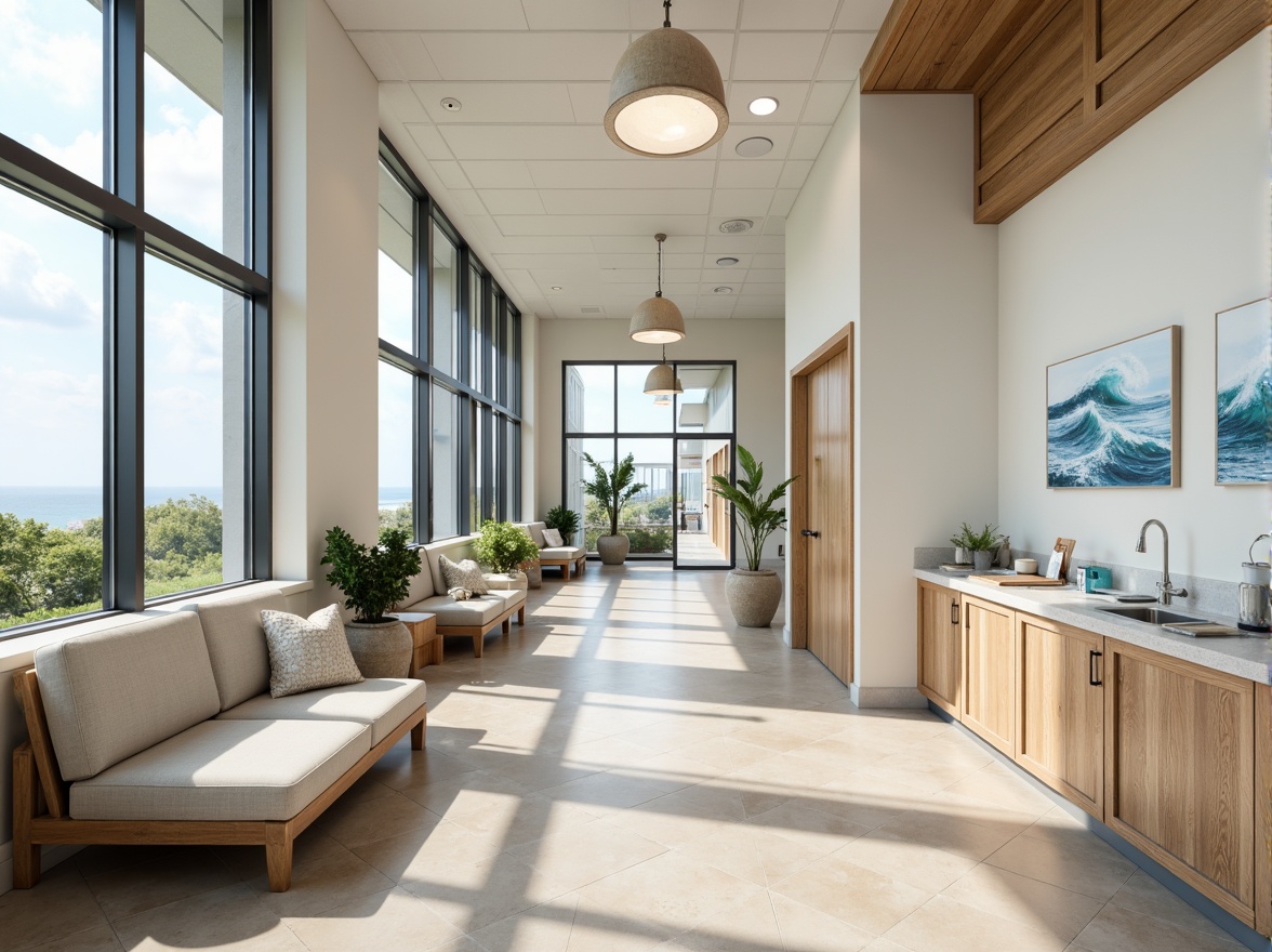 Prompt: Calm coastal hospital interior, soft blues, whites, and sandy neutrals, natural wood accents, woven textiles, ocean-inspired artwork, calming wave patterns, gentle sea breeze, abundance of natural light, large windows, sliding glass doors, minimal ornamentation, functional modern furniture, sleek medical equipment, subtle nautical details, distressed wood finishes, weathered metal decor, serene atmosphere, warm beige flooring, soft pastel colors, creamy whites, pale blues, misty morning light, shallow depth of field, 1/2 composition.