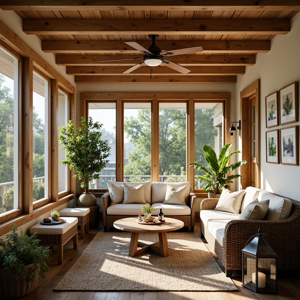 Prompt: Cozy sunroom, wooden accents, craftsman style, natural textures, warm beige tones, distressed wood finishes, wooden beams, rustic charm, lush greenery, botanical prints, vintage metal lanterns, woven wicker furniture, plush throw pillows, soft warm lighting, shallow depth of field, 1/1 composition, intimate atmosphere, realistic wood grains, ambient occlusion.