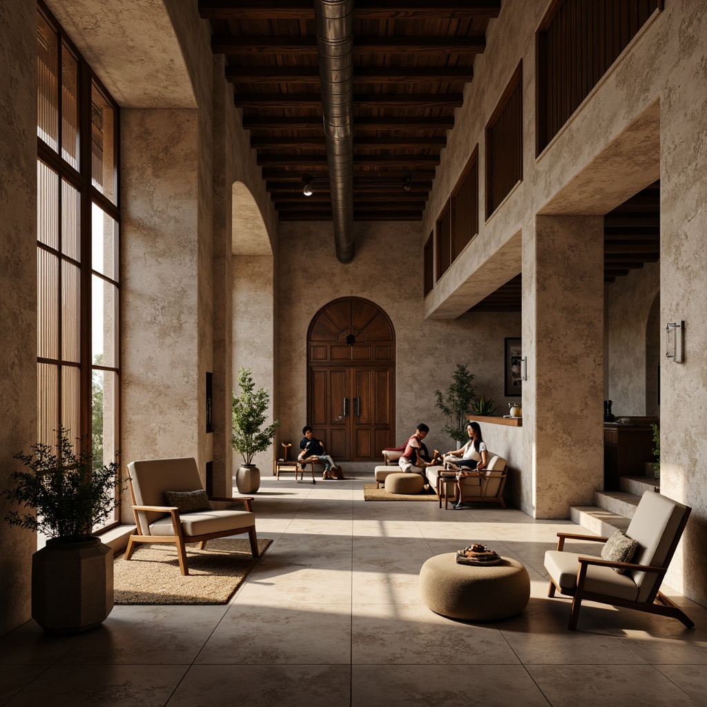 Prompt: Unique interior space, textured walls, earthy tones, natural stone finishes, rustic wooden accents, industrial metal beams, exposed ductwork, modern minimalist furniture, cozy atmospheric lighting, dramatic shadows, 1/1 composition, shallow depth of field, soft warm glow, realistic renderings, ambient occlusion.