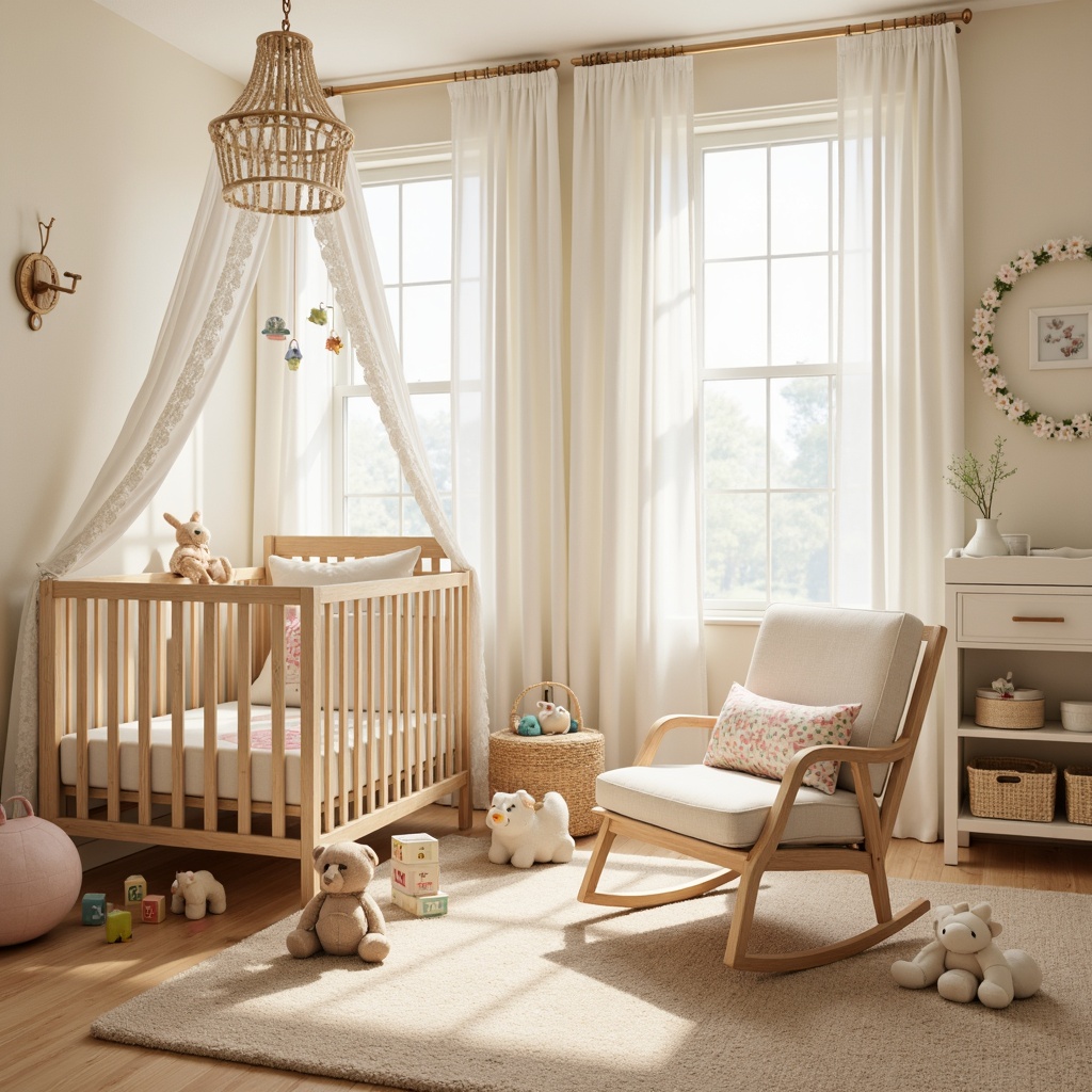 Prompt: Whimsical nursery, soft pastel colors, gentle polka dots, plush toys, crib with delicate lace canopy, baby blocks, stuffed animals, mobiles with musical notes, changing table with storage baskets, comfortable glider rocker, warm beige carpet, natural wood furniture, white sheer curtains, subtle floral patterns, creamy wall textures, warm sunny day, soft focus, shallow depth of field, 1/2 composition, realistic rendering.