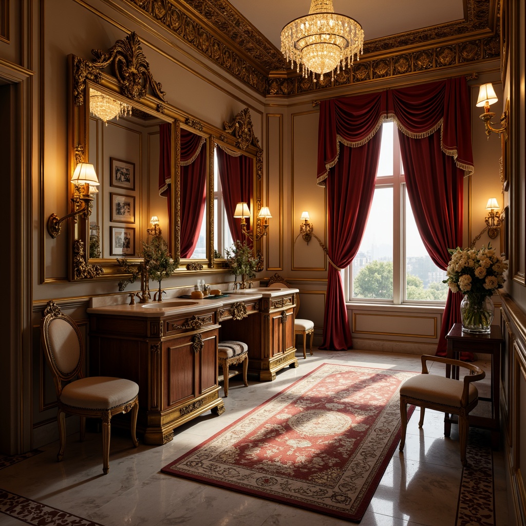 Prompt: Intricate ornate mirror frames, soft golden lighting, lavish furnishings, velvet drapes, crystal chandeliers, ornamental molding, luxurious marble floors, richly patterned rugs, gilded accents, exquisite antique furniture, delicate lace details, Baroque-inspired carvings, opulent powder rooms, lavish boudoirs, intimate settings, warm candlelight, shallow depth of field, 1/1 composition, realistic textures, ambient occlusion.