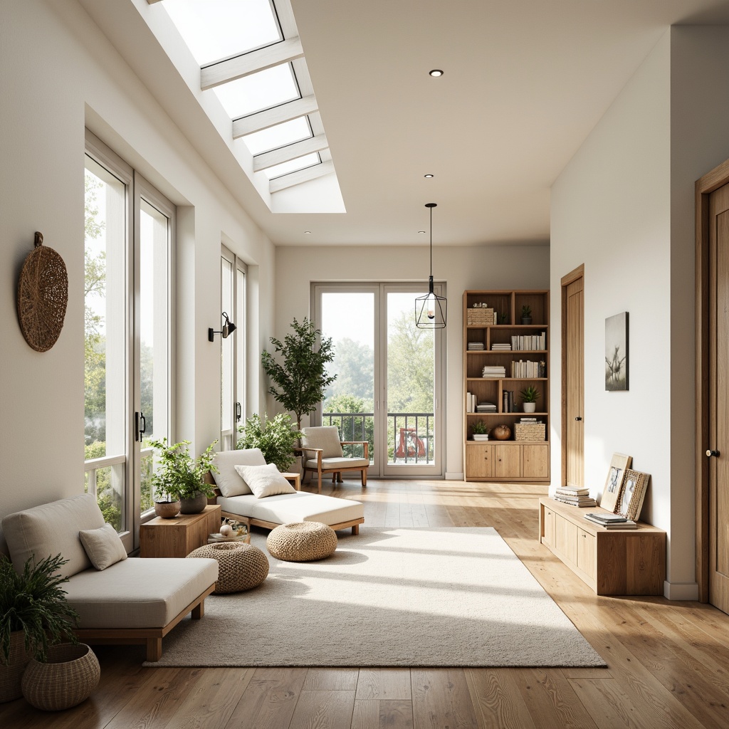 Prompt: Light-filled Scandinavian hall, minimalist interior, whitewashed walls, polished wooden floors, large windows, clerestory windows, sliding glass doors, natural textiles, woven baskets, potted plants, greenery accents, warm beige tones, soft pastel hues, Nordic-inspired furniture, sleek lines, organic shapes, cozy reading nooks, built-in shelving, industrial-style lighting fixtures, warm ambient glow, 1/1 composition, shallow depth of field, realistic textures, subtle color grading.