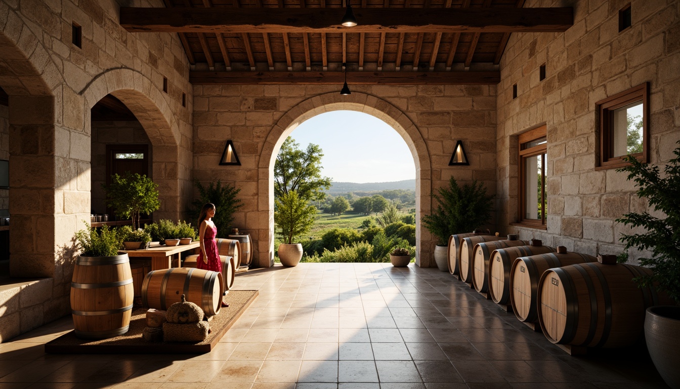 Prompt: Rustic winery, wooden barrels, stone walls, earthy tones, natural textures, minimalist decor, industrial lighting, steel beams, reclaimed wood accents, wine cellar ambiance, dim warm lighting, shallow depth of field, 1/1 composition, realistic reflections, ambient occlusion, vineyard views, rolling hills, lush greenery, sunny day.