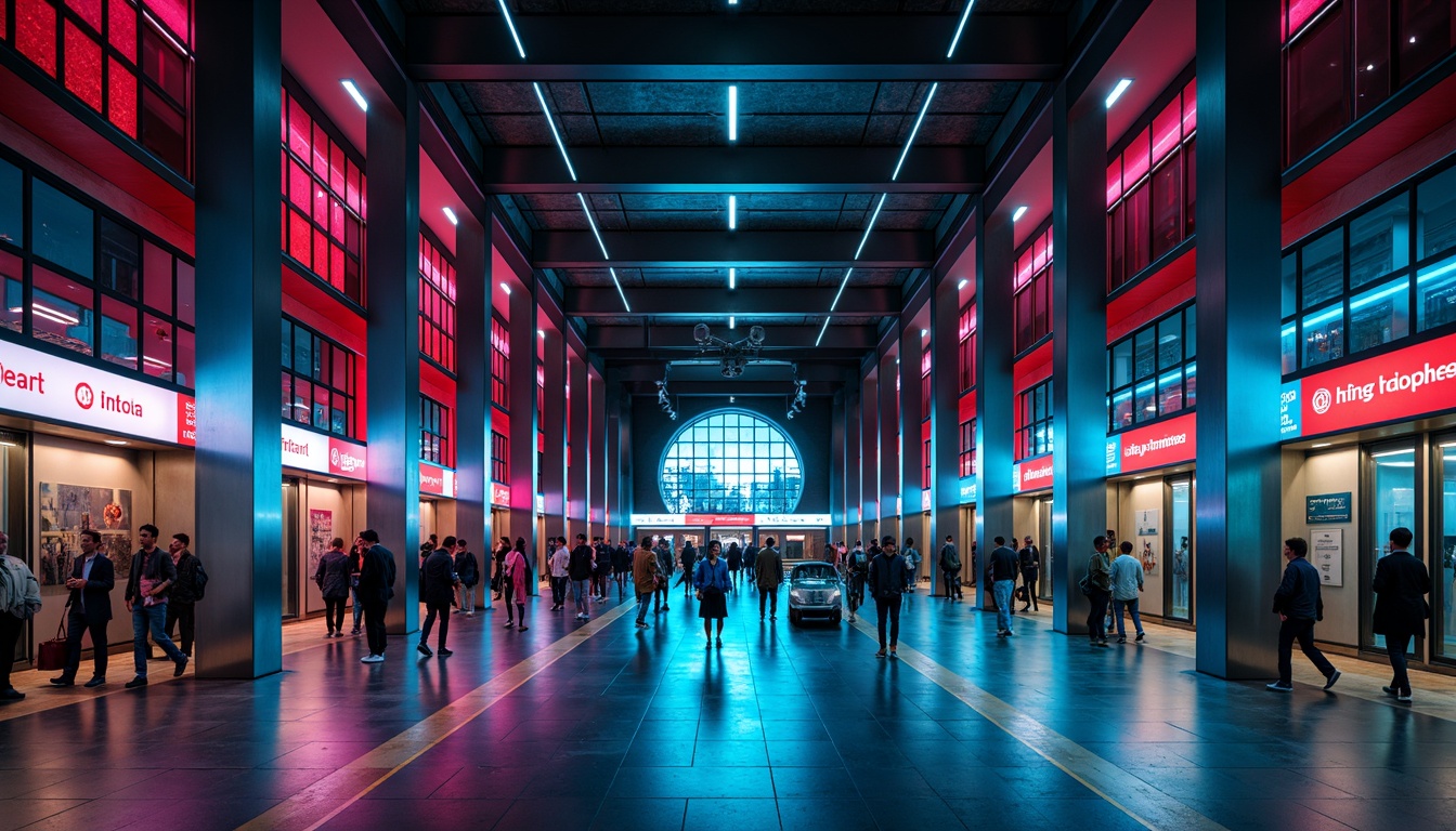 Prompt: Vibrant metro station, modern architecture, sleek lines, stainless steel columns, gleaming glass surfaces, dynamic LED lighting, bold color accents, energetic urban atmosphere, busy pedestrian traffic, rush hour activity, contrasting dark and light tones, neon signage, reflective metallic finishes, industrial materials, urban graffiti, moody ambient lighting, shallow depth of field, 1/1 composition, symmetrical framing, high-contrast colors.