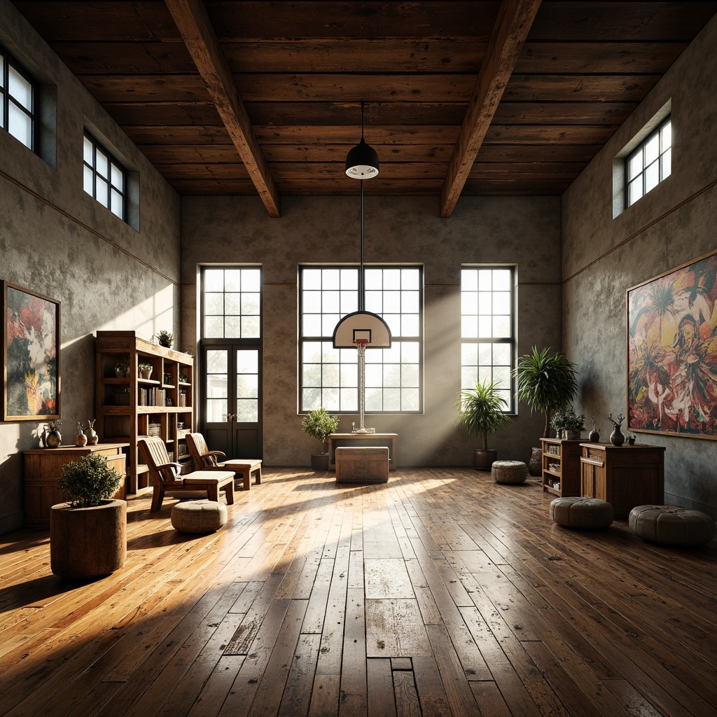 Prompt: \Rustic wooden flooring, reclaimed hardwood planks, warm earthy tones, distressed textures, vintage athletic equipment, classic basketball hoops, natural light pouring in through large windows, exposed wooden beams, industrial-style metal accents, raw concrete walls, urban loft-inspired design, high ceilings, open spaces, dynamic shadows, realistic reflections, 1/2 composition, dramatic lighting, atmospheric mist.\Let me know if you need any adjustments or changes!