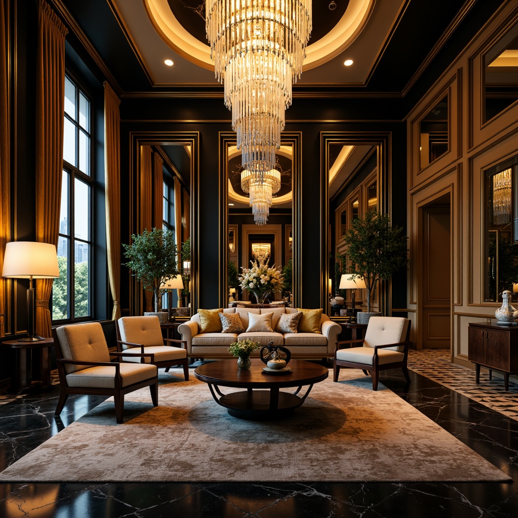 Prompt: Luxurious art deco interior, opulent gold accents, rich jewel tones, velvety black backgrounds, metallic silver highlights, bold geometric patterns, ornate furnishings, lavish crystal chandeliers, sumptuous marble floors, lavish velvet drapes, warm golden lighting, shallow depth of field, 1/1 composition, cinematic view, realistic reflections, ambient occlusion.