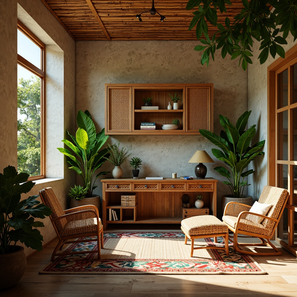 Prompt: Vibrant tropical home office, textured walls with woven bamboo patterns, natural rattan furniture, lush greenery, exotic plants, wooden desk with carvings, wicker chairs, colorful Moroccan tiles, sunny day, warm soft lighting, shallow depth of field, 1/1 composition, realistic textures, ambient occlusion.