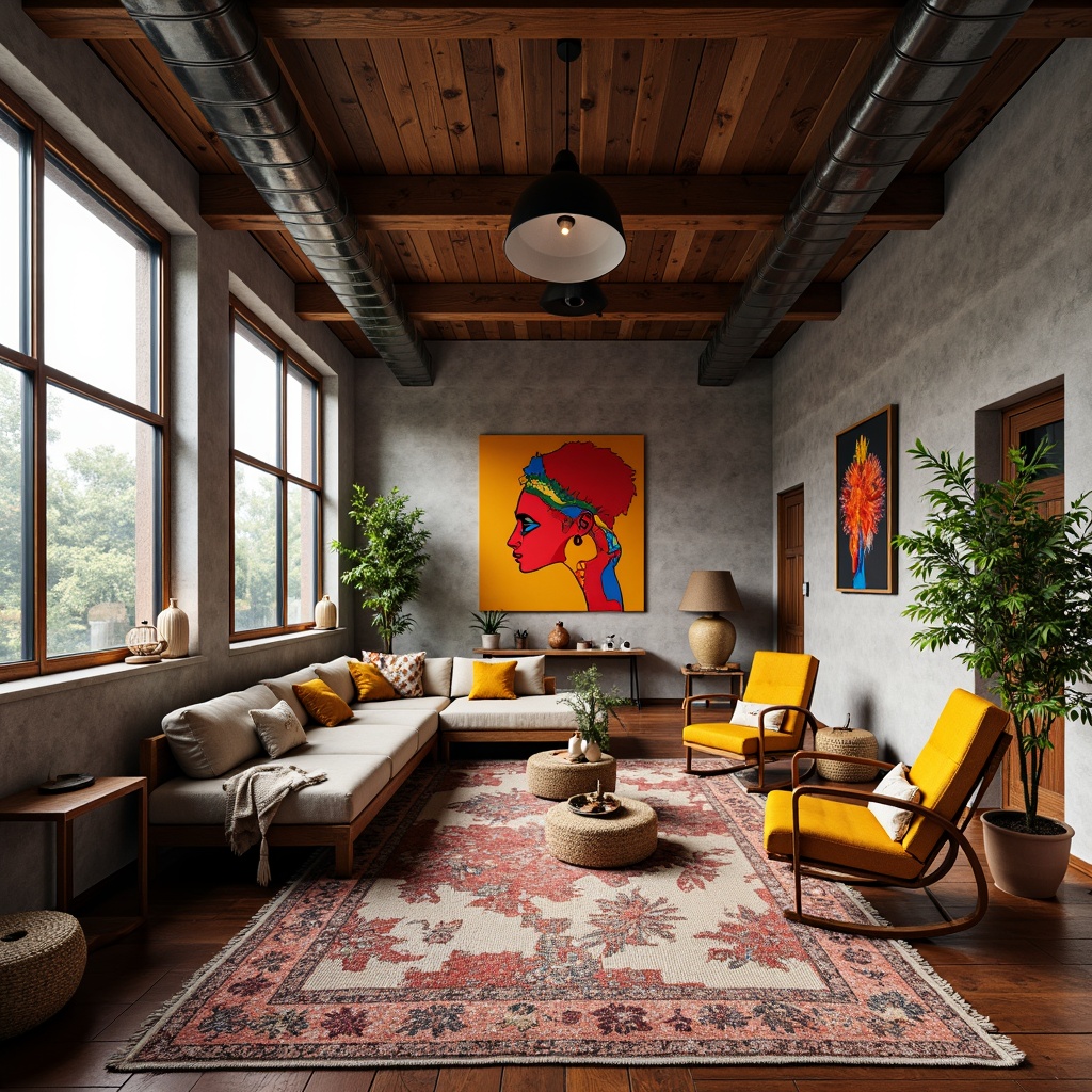 Prompt: Vibrant artistic studio, eclectic furniture, bold color blocking, abstract artwork, textured rugs, industrial metal decor, reclaimed wood accents, natural stone walls, large windows, soft warm lighting, shallow depth of field, 1/1 composition, panoramic view, realistic textures, ambient occlusion.