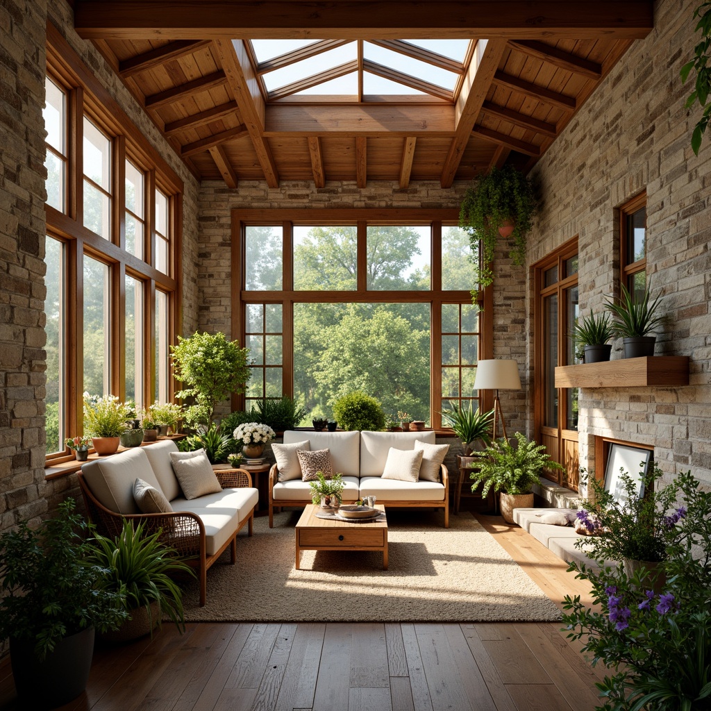 Prompt: Cozy sunroom, natural stone walls, wooden beams, earthy tones, lush greenery, vibrant flowers, comfortable wicker furniture, plush cushions, warm textiles, soft warm lighting, clerestory windows, skylights, glass doors, rustic metal accents, exposed brick, Craftsman-style trims, wooden floors, natural fiber rugs, organic shapes, earthy colors, warm atmosphere, soft shadows, shallow depth of field, 1/1 composition, realistic textures.