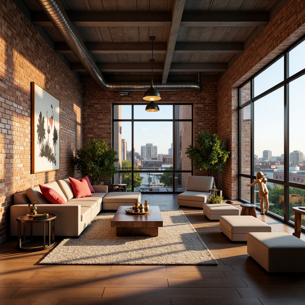 Prompt: Eclectic penthouse interior, industrial chic walls, exposed brick textures, reclaimed wood accents, metallic sheen, geometric patterned wallpaper, vibrant color blocking, abstract artwork, oversized windows, cityscape views, modern minimalist furniture, plush area rugs, eclectic decorative objects, warm ambient lighting, shallow depth of field, 1/1 composition, realistic renderings.