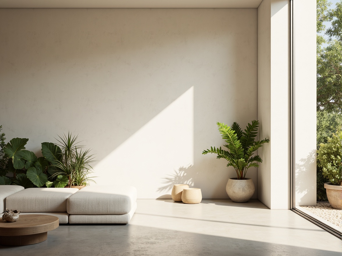 Prompt: Minimalist interior space, soft natural light, creamy white walls, polished concrete floors, sleek low-profile furniture, subtle textures, neutral color palette, floor-to-ceiling windows, sliding glass doors, abundant greenery, potted plants, organic shapes, calming atmosphere, warm beige tones, gentle shadows, indirect lighting, 1/1 composition, shallow depth of field, realistic materials, ambient occlusion.