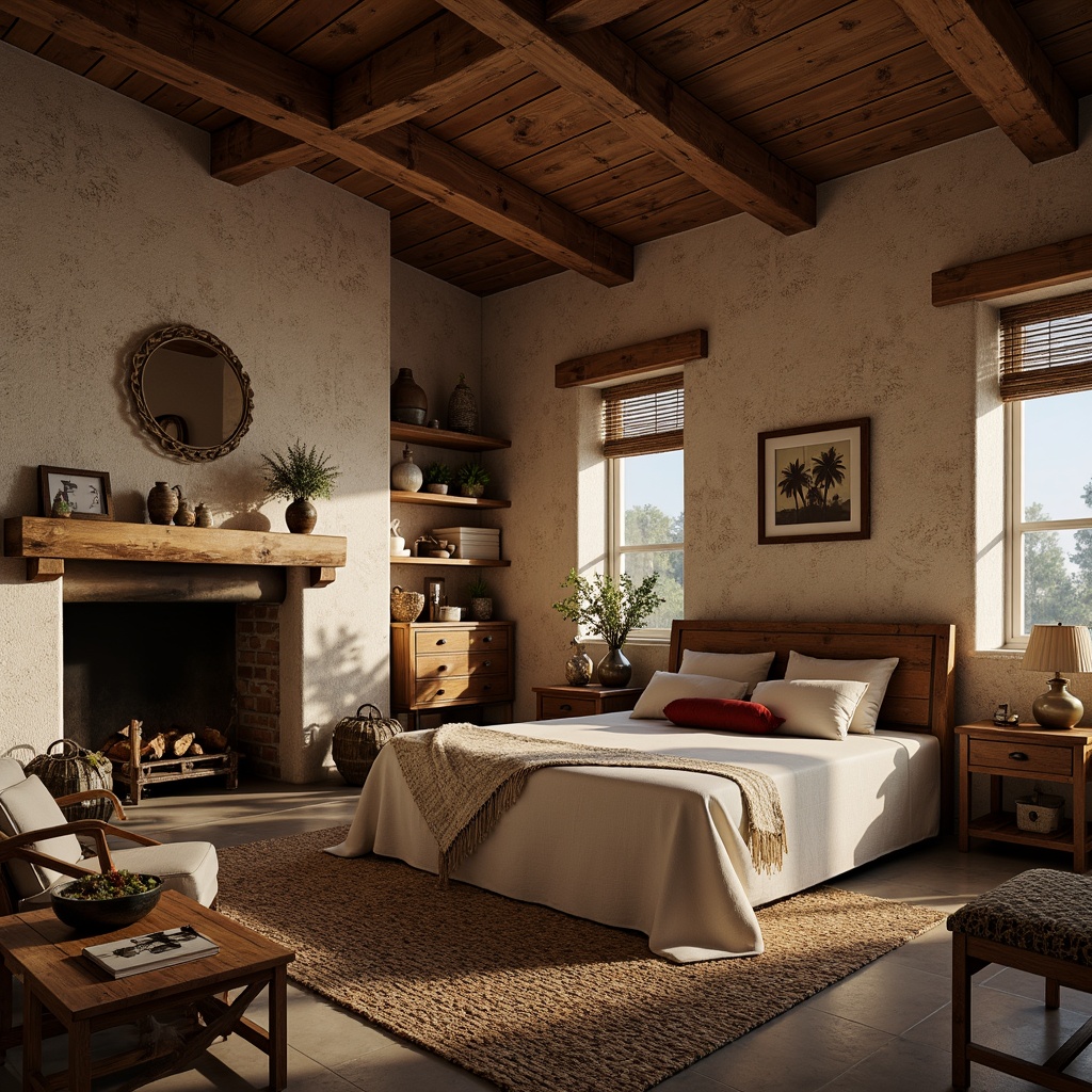 Prompt: Rustic bedroom, wooden furniture, distressed wood, earthy tones, natural textiles, stone walls, vaulted ceiling, wooden beams, cozy fireplace, plush area rug, vintage decor, antique accessories, soft warm lighting, shallow depth of field, 1/1 composition, realistic textures, ambient occlusion.