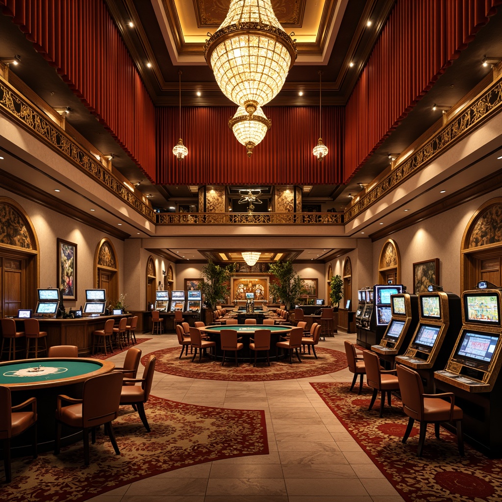 Prompt: Luxurious casino interior, ornate chandeliers, rich velvet drapes, lavish furnishings, intricate moldings, gilded accents, marble floors, grand staircases, opulent crystal fixtures, warm golden lighting, shallow depth of field, 1/1 composition, realistic textures, ambient occlusion, vintage slot machines, roulette tables, poker rooms, elegant bars, sophisticated ambiance.