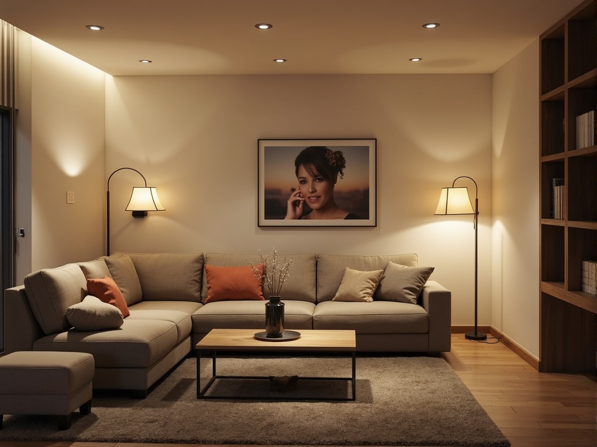 Prompt: Simple modern living room, minimalist decor, soft warm lighting, recessed ceiling lights, sleek floor lamps, slim table lamps, frosted glass shades, polished chrome accents, neutral color palette, textured fabrics, natural wood tones, calm atmosphere, subtle shadows, 1/1 composition, shallow depth of field, realistic rendering, ambient occlusion.