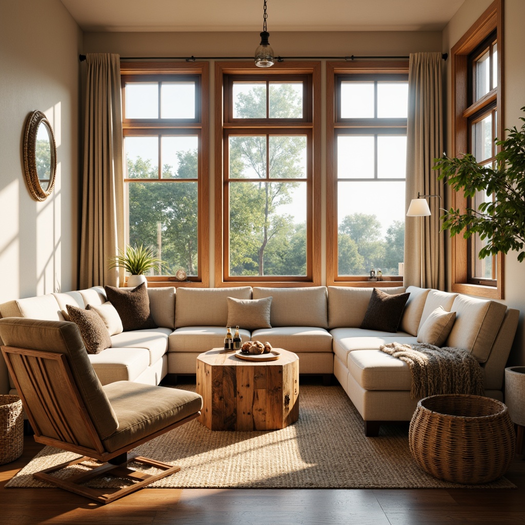 Prompt: Cozy living room, plush sofas, ergonomic chairs, reclaimed wood coffee tables, soft velvet pillows, woven baskets, natural fiber rugs, warm beige walls, large windows, diffused sunlight, gentle breeze, comfortable seating arrangements, harmonious color schemes, relaxing ambiance, minimalist decor, subtle textures, calming atmosphere, peaceful retreat.